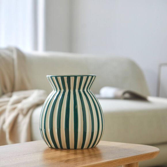 Vase en céramique, à rayures  (vert / blanc) Vase en céramique, à rayures  (vert / blanc)